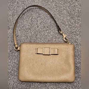 Coach Gold Saffiano Leather Wristlet Zipper Metallic Bow Party Vacation Festival